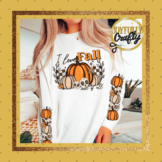 I love Fall Pumpkins and Skelly  Double Sleeves Adult Crewneck Sweater