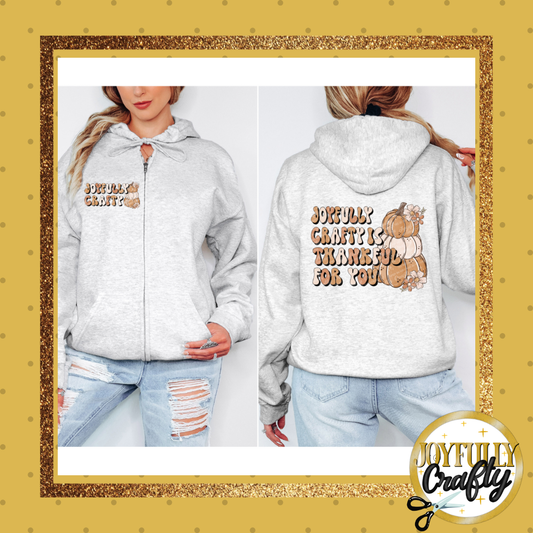 Joyfully Crafty Thankful Pumpkin Adult Zip Up Hoodie Front and Back Design
