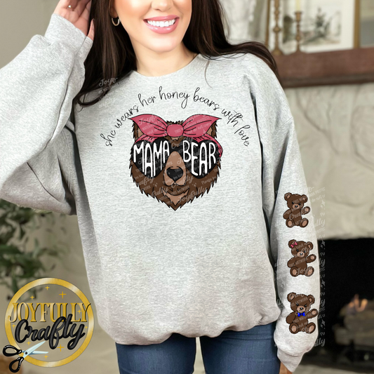 Pink Mama Bear and Baby Bear Sleeve Design Adult Crewneck Sweater