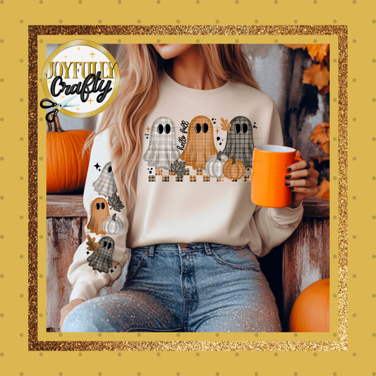 Plaid Ghost with Pumpkins  Double Sleeves Adult Crewneck Sweater