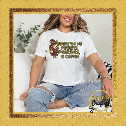 Powered By Potions, Positivity, and Coffee Adult Shirt