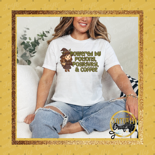 Powered By Potions, Positivity, and Coffee Adult Shirt