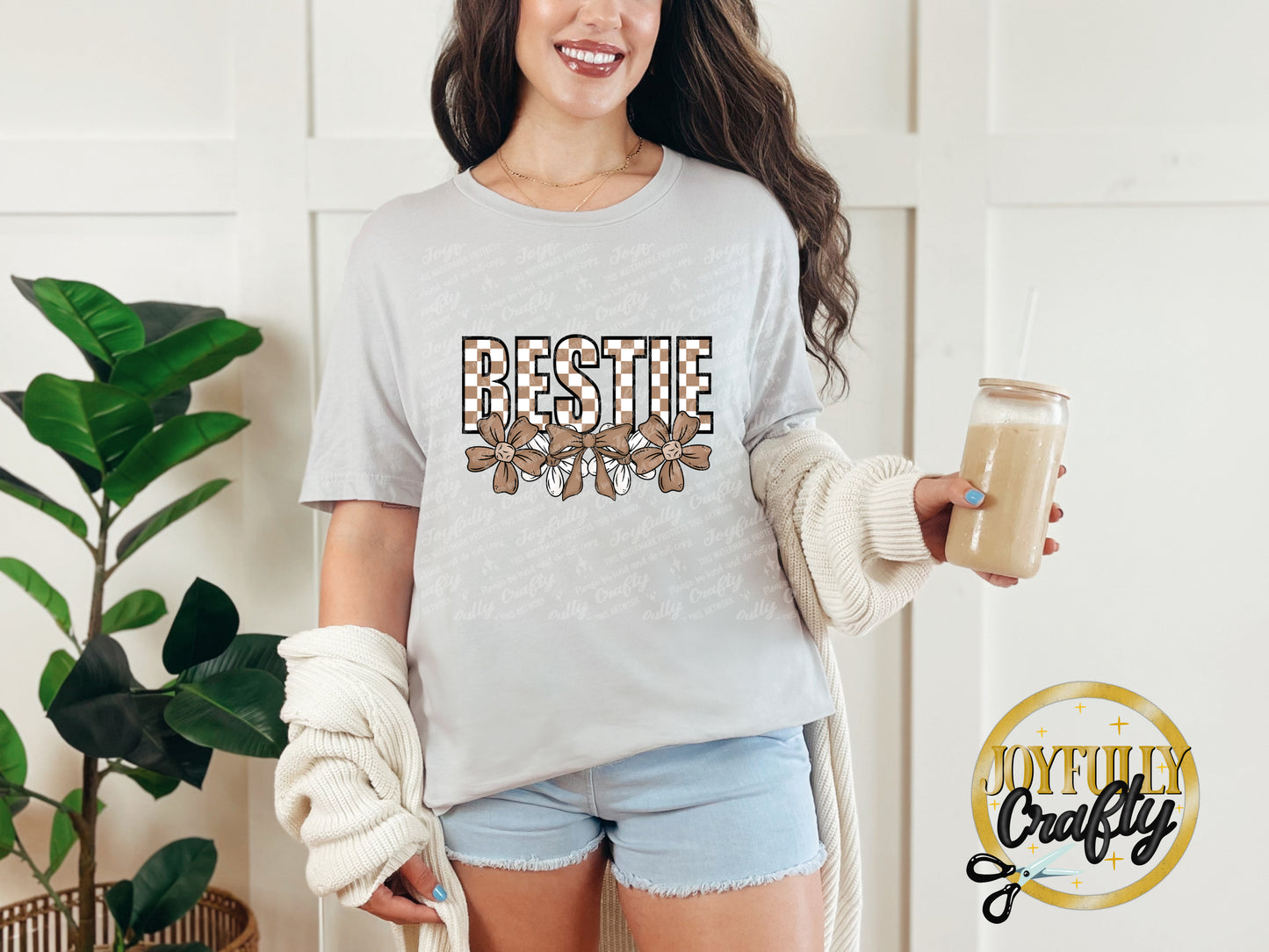 Bestie Neutral Checkered Floral Adult T Shirt