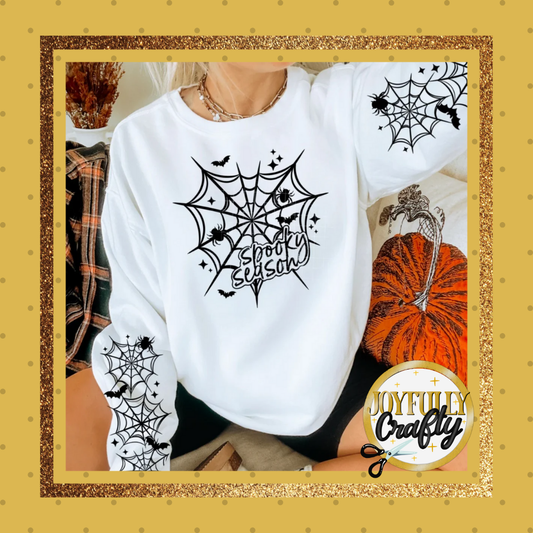 Spooky Season Black Spider Web and Bats  Double Sleeves Adult Crewneck Sweater