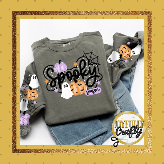 Spooky Season Ghost and Purple Pumpkins  Double Sleeves Adult Crewneck Sweater