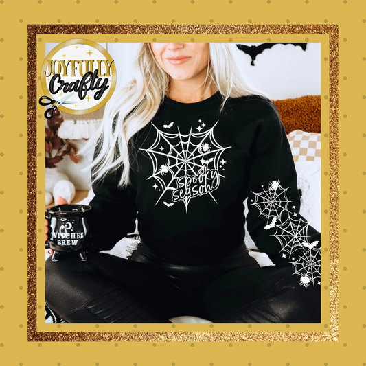 Spooky Season White Spider Web and Bats  Pocket and Double Sleeves Adult Zip Up Hoodie