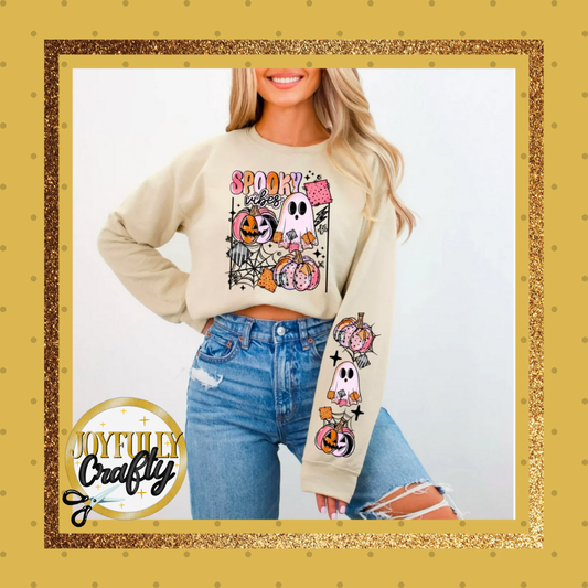 Spooky Vibes Pink Ghost and Pumpkins  Double Sleeves Adult Long Sleeve