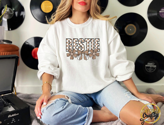 Bestie Neutral Checkered Floral Adult Crewneck Sweater