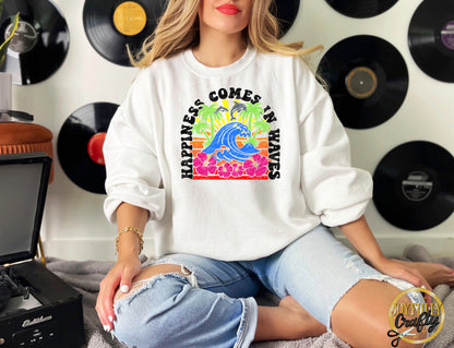 Happiness Comes In Waves Adult Crewneck Sweater