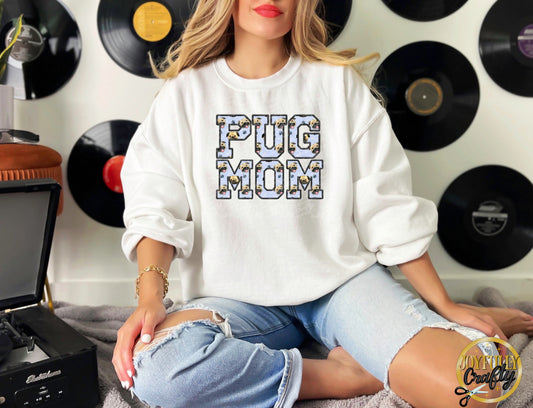 Pug Mom Faux Embroidered Adult Crewneck Sweater