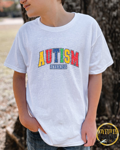 Autism Awareness Retro Blocked Letters Youth T Shirt