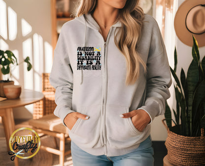 Autism Is A Different Ability Adult  Zip Up Hoodie Pocket  Design
