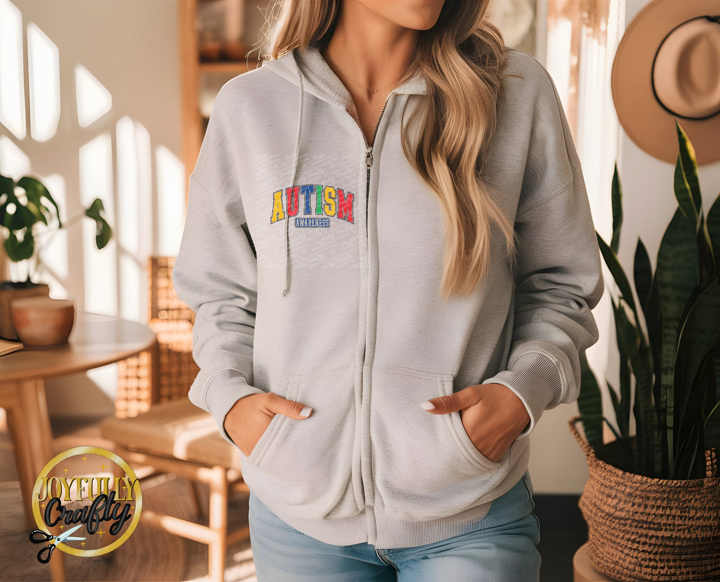 Autism Awareness Retro Distressed Blocked Letters Adult  Zip Up Hoodie Pocket  Design