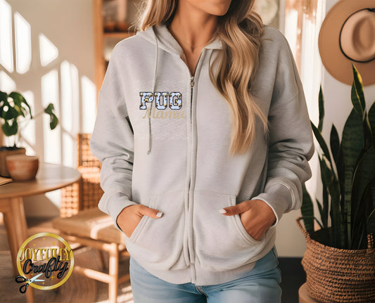 Pug Mama Faux Embroidered Adult Zip Up Hoodie Pocket Design