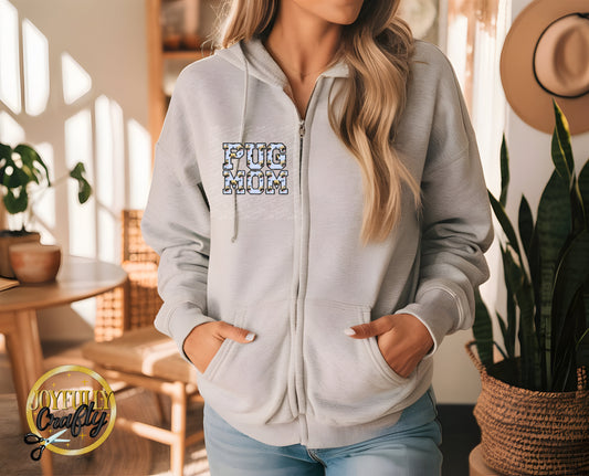 Pug Mom Faux Embroidered Adult Zip Up Hoodie Pocket Design