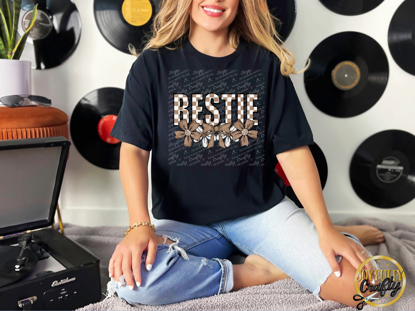 Bestie Neutral Checkered Floral Adult T Shirt