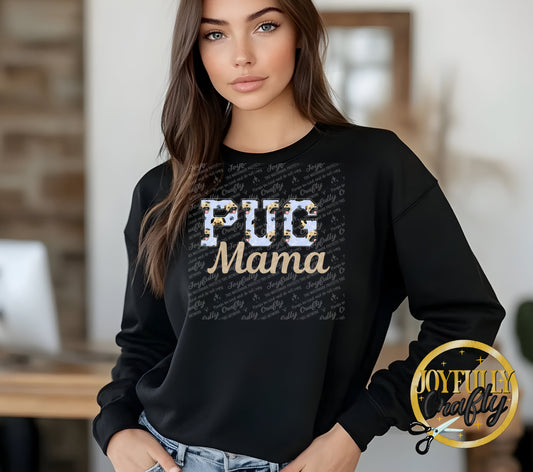 Pug Mama Faux Embroidered Adult Long Sleeve