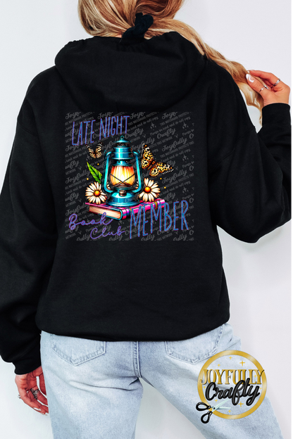 Late Night Book Club Member Adult Zip Up Hoodie Back Design