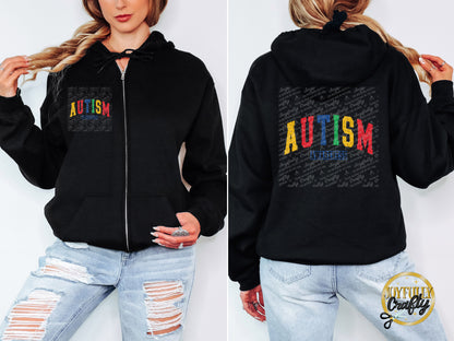 Autism Awareness Retro Distressed Blocked Letters Adult Zip Up Hoodie Back Design