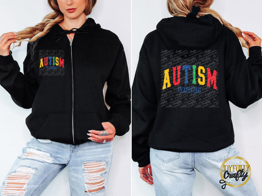 Autism Awareness Retro Blocked Letters Adult Zip Up Hoodie Front and Back Design