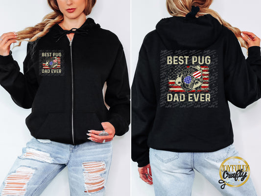 Best Pug Dad Ever American Flag Adult Zip Up Hoodie Pocket Design