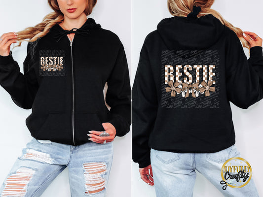 Bestie Neutral Checkered Floral Adult Zip Up Hoodie Front and Back Design