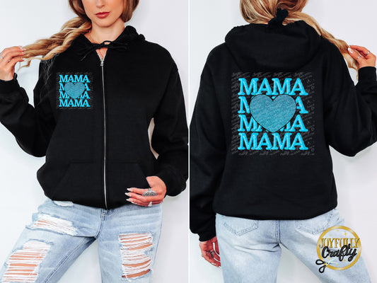 Blue Mama Stacked Adult Zip Up Hoodie Front and Back Design