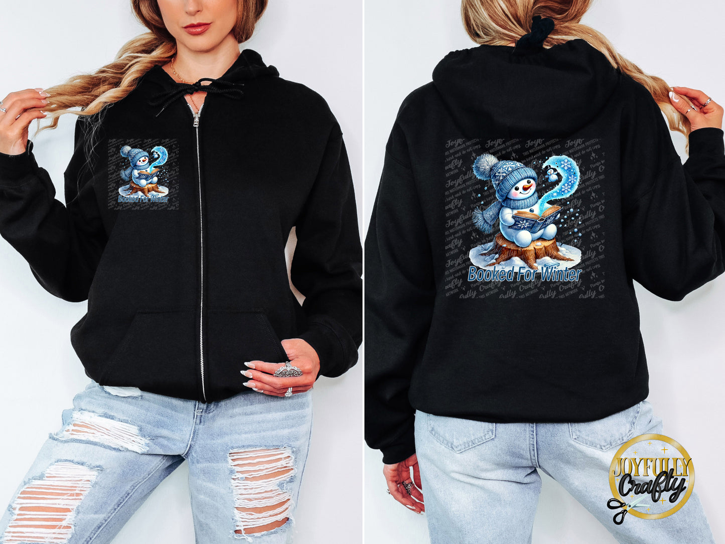 Booked For Winter Blue Snowman Adult Zip Up Hoodie Pocket Design