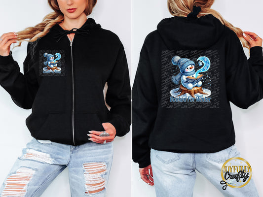 Booked For Winter Blue Snowman Adult Zip Up Hoodie Front and Back Design