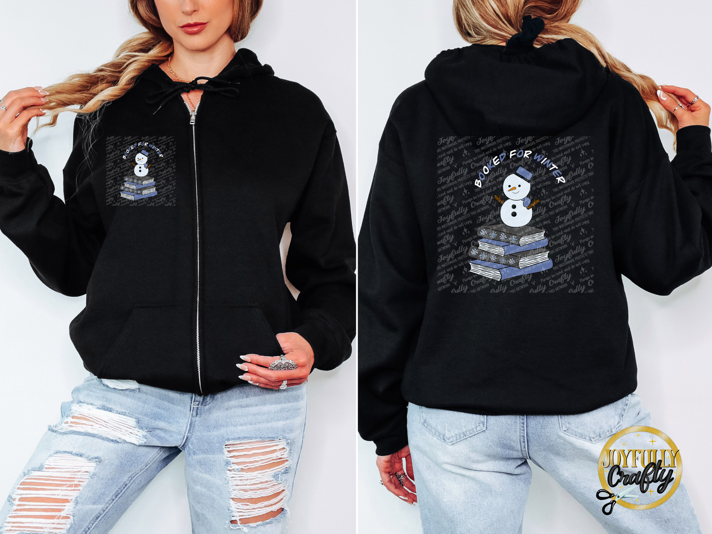 Booked For Winter Snowman Blue And White Letters Adult Zip Up Hoodie Pocket Design