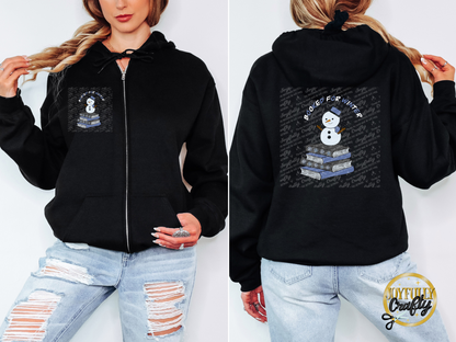 Booked For Winter Snowman Blue And White Letters Adult Zip Up Hoodie Back Design