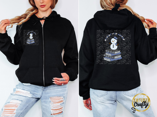 Booked For Winter Snowman Blue And White Letters Adult Zip Up Hoodie Front and Back Design