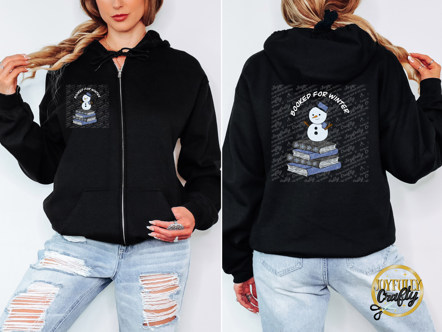 Booked For Winter Snowman White Letters Adult Zip Up Hoodie Back Design