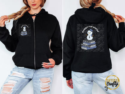 Booked For Winter Snowman White Letters Adult Zip Up Hoodie Back Design
