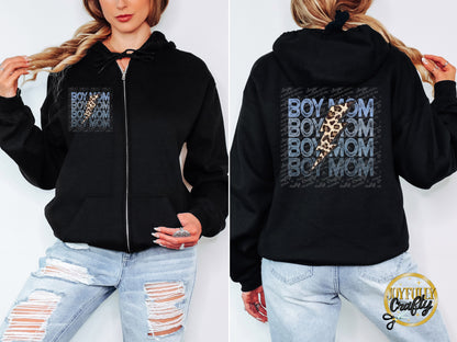 Boy Mom Distressed Bolt Adult Zip Up Hoodie Pocket Design