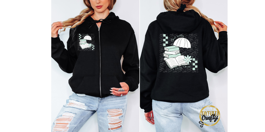 Good Books and Rainy Days Adult Zip Up Hoodie Front and Back Design