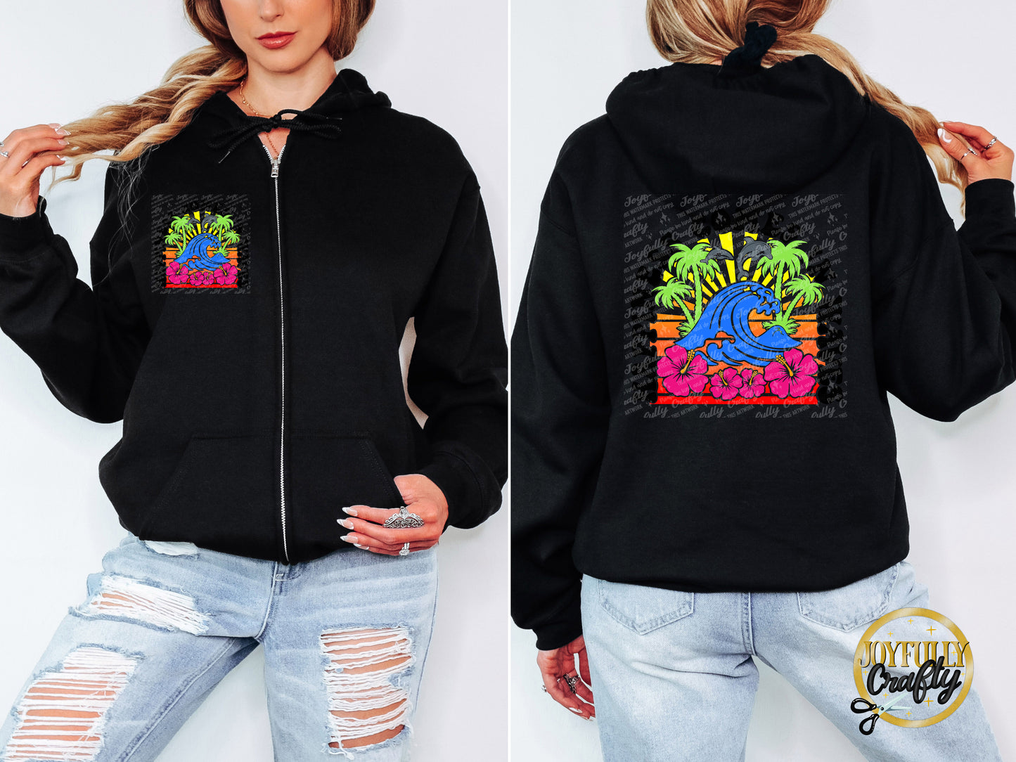 Happiness Comes In Waves Adult Zip Up Hoodie Pocket Design