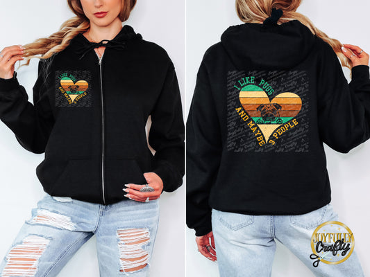 I Like Pugs And 3 People Distressed Heart Adult Zip Up Hoodie Front and Back Design