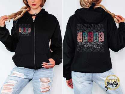 Jesus Is The Way English Adult Zip Up Hoodie Back Design