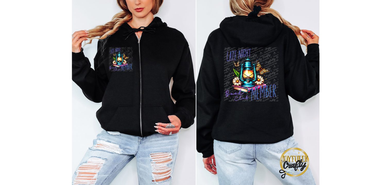 Late Night Book Club Member Adult Zip Up Hoodie Front and Back Design