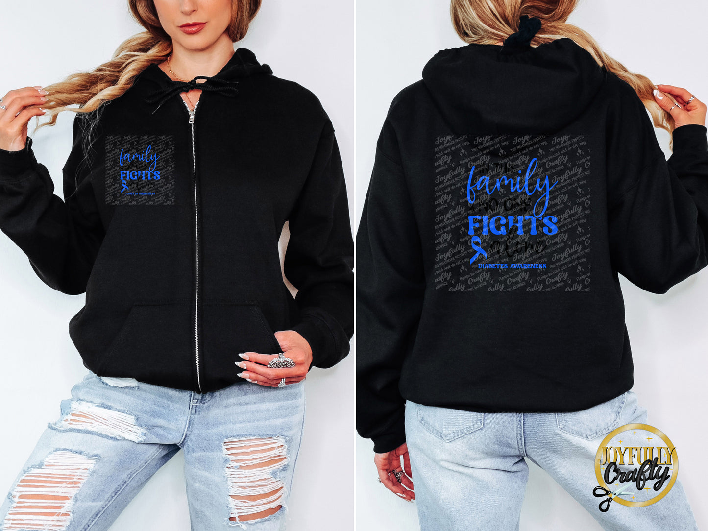 No One Fights Alone Diabetes Adult Zip Up Hoodie Back Design