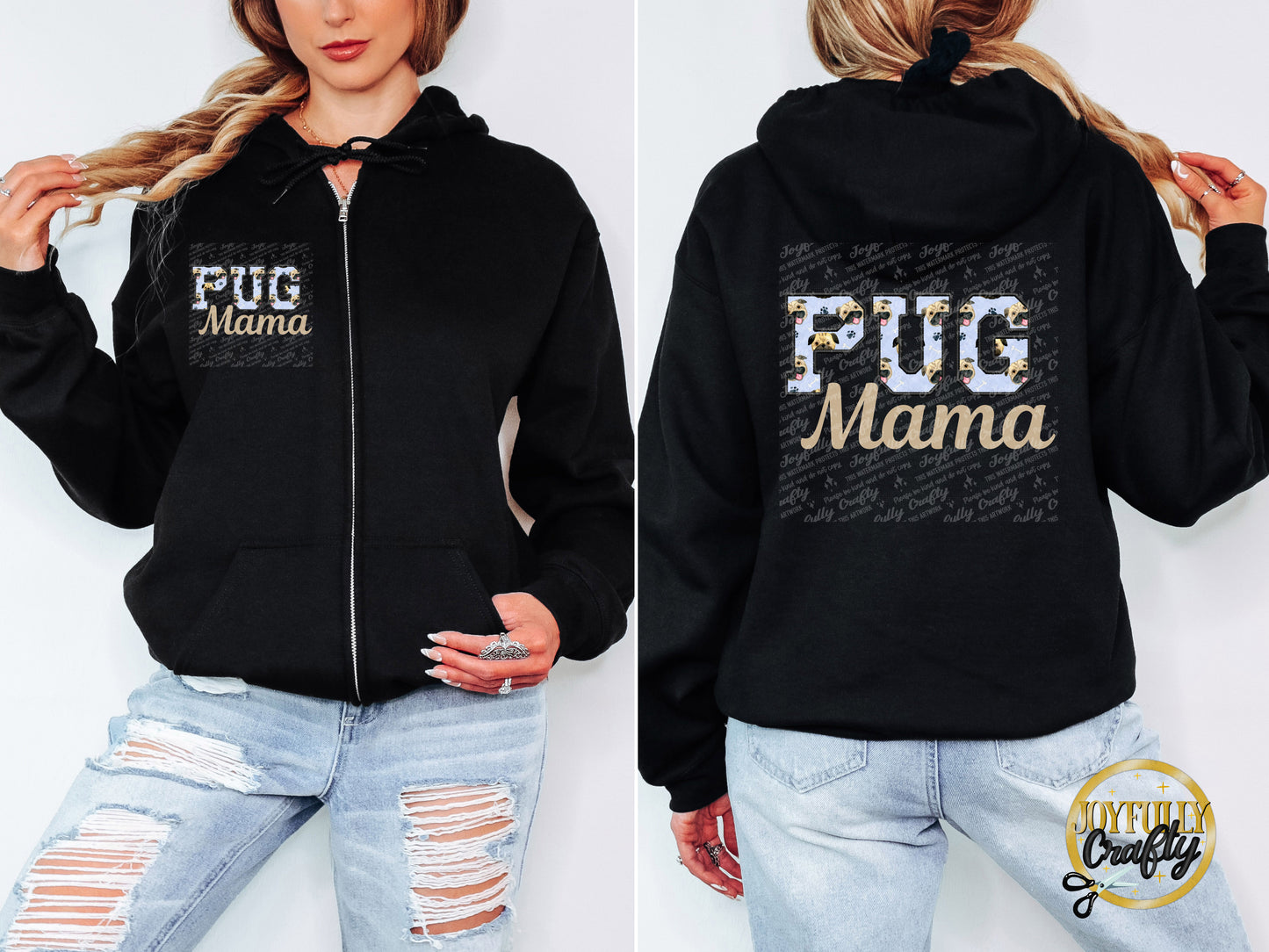 Pug Mama Faux Embroidered Adult Zip Up Hoodie Back Design