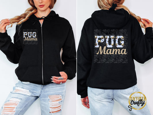 Pug Mama Faux Embroidered Adult Zip Up Hoodie Front and Back Design