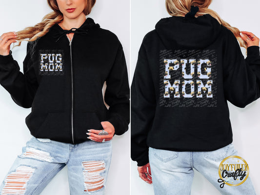Pug Mom Faux Embroidered Adult Zip Up Hoodie Front and Back Design