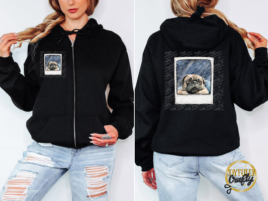Pug Pocket Adult Zip Up Hoodie Front and Back Design
