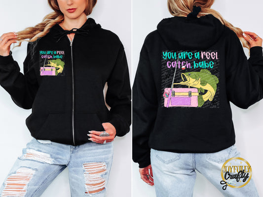Reel Catch Adult Zip Up Hoodie Front and Back Design