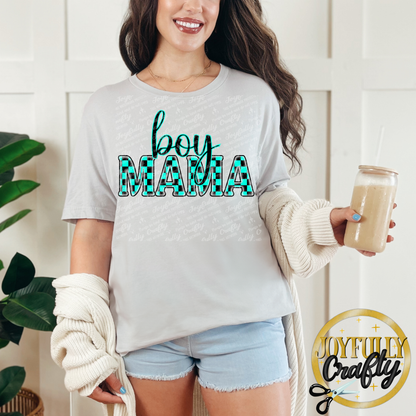 Teal Checkered Boy Mama Adult Shirt