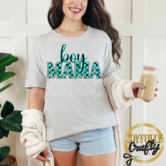 Teal Checkered Boy Mama Adult Shirt