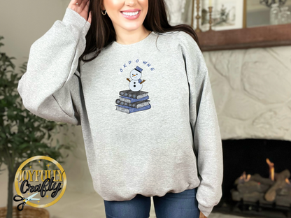 Booked For Winter Snowman Blue And White Letters Adult Crewneck Sweater