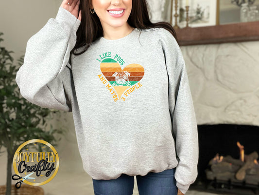 I Like Pugs And 3 People Distressed Heart Adult Crewneck Sweater